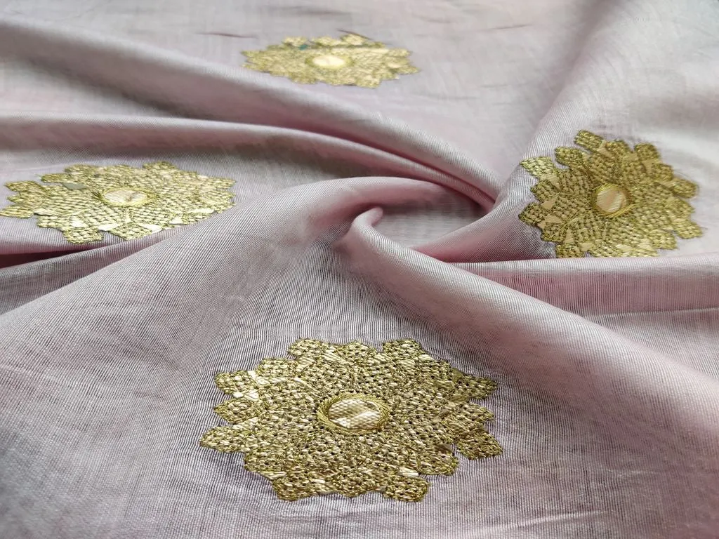 Baby Pink Golden Foil Flowers Embroidered Chanderi Fabric