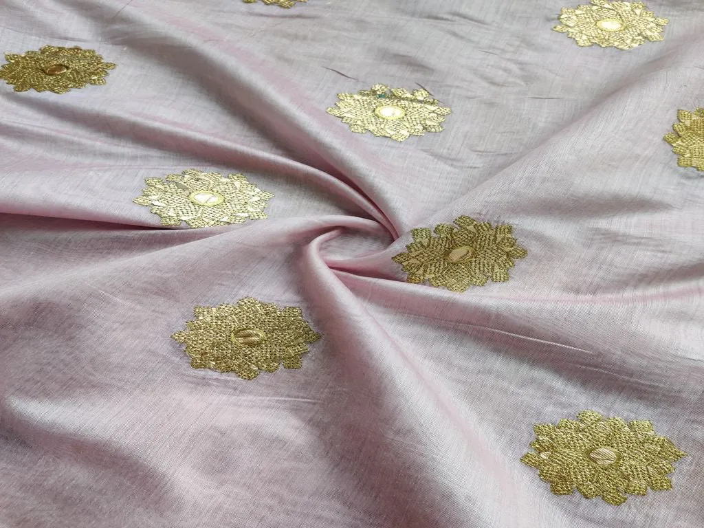 Baby Pink Golden Foil Flowers Embroidered Chanderi Fabric