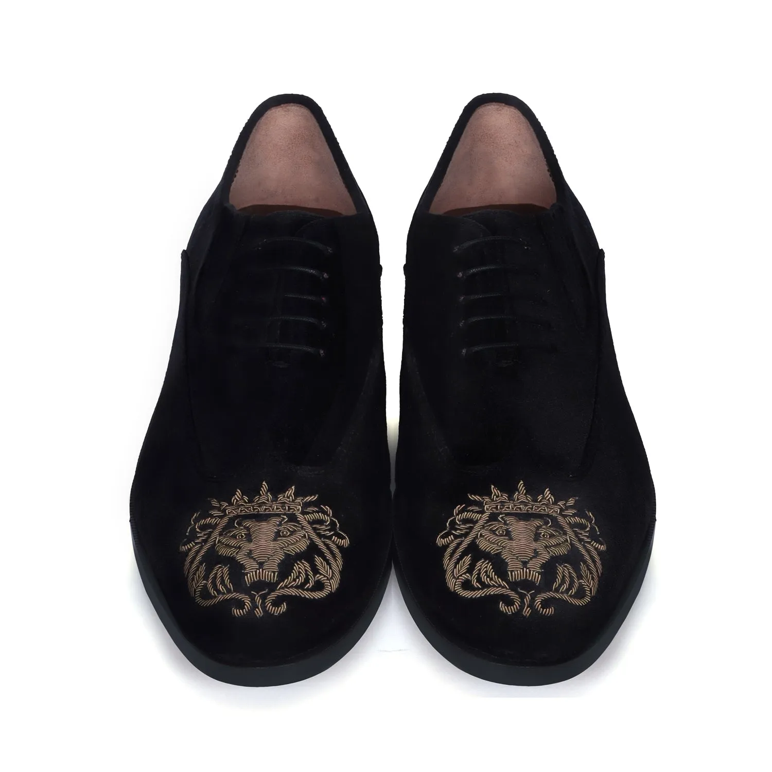 Black Velvet Lace-Up Formal Shoes with Zardosi Lion For Men By Brune & Bareskin