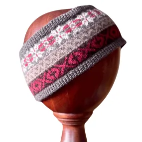 Fair Isle Knit Lambswool Headband - Red & Taupe