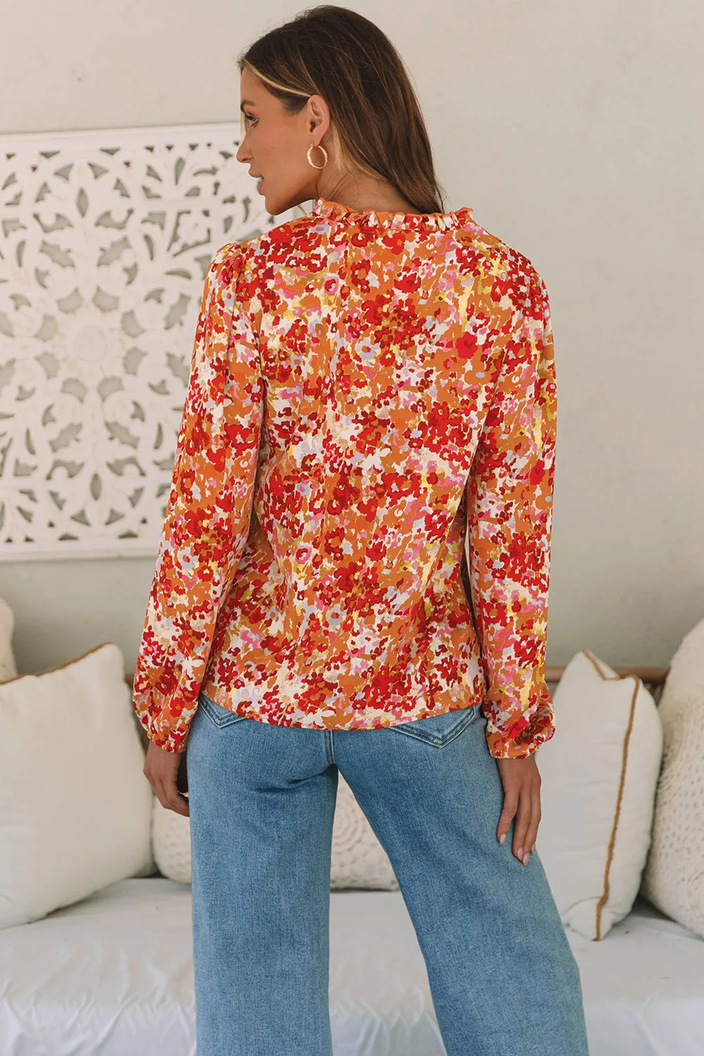 Grapefruit Orange Frilled Split Neck Bubble Sleeve Floral Blouse