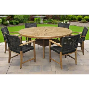 Komodo Teak 7pc Outdoor Dining Set (Teak 70" Round Table w Built-in Lazy Susan with 6 Woven Sanur Armchairs)