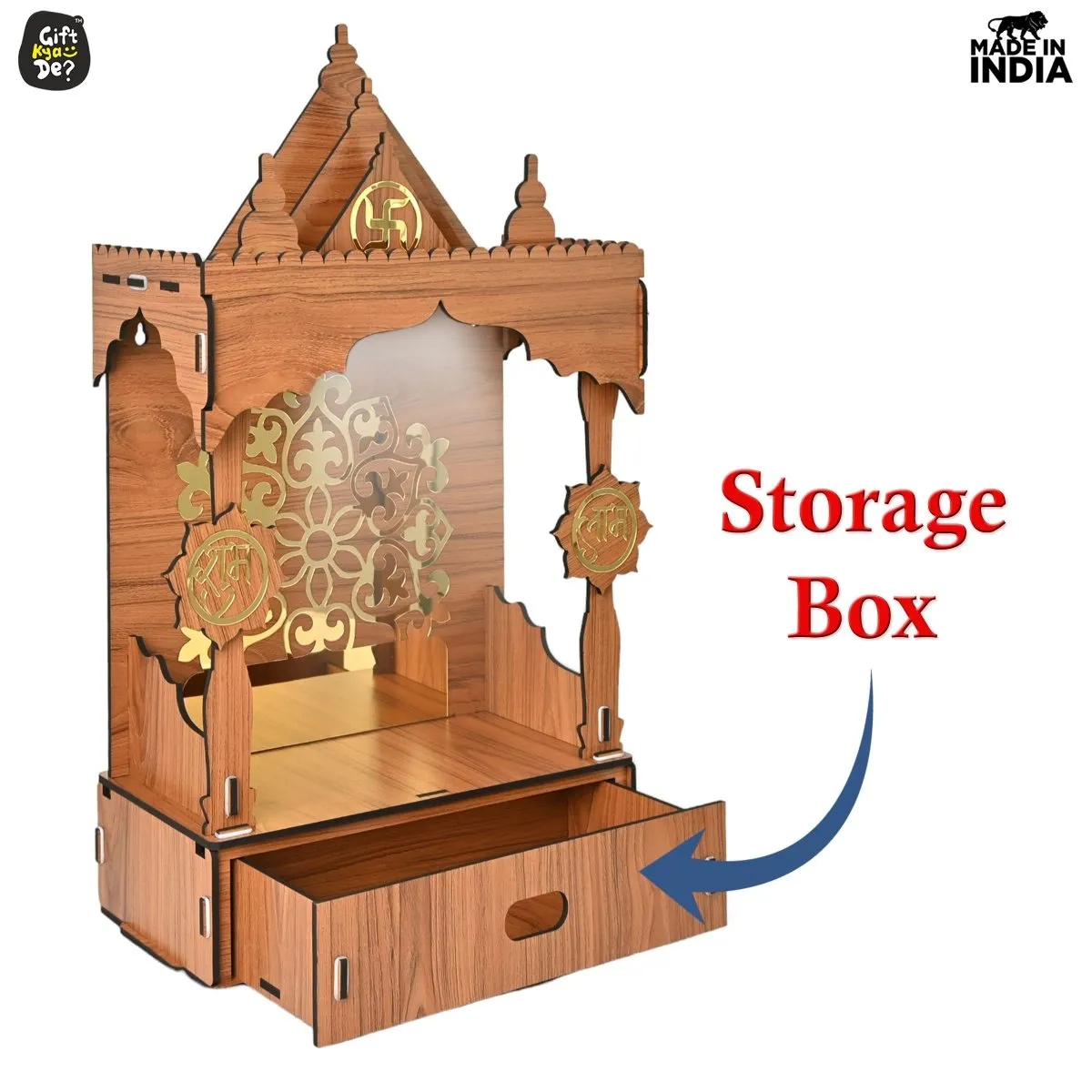 Wooden Temple For Home & Office | Premium 3D Golden Cutwork Design | Mandir With Storage Drawer (DIY) (24x13inch)