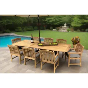 Yacht Teak Banquet 96-118" Rectangular Extendable 9pc Outdoor Dining Set with 8 Tista Armchairs