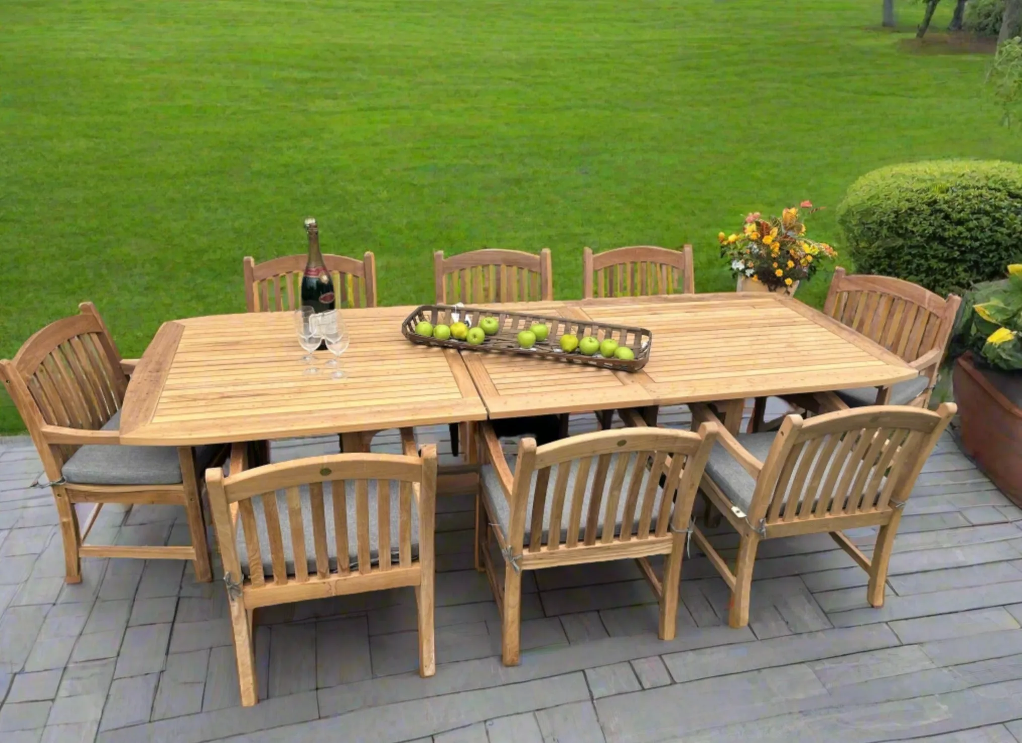 Yacht Teak Banquet 96-118" Rectangular Extendable 9pc Outdoor Dining Set with 8 Tista Armchairs